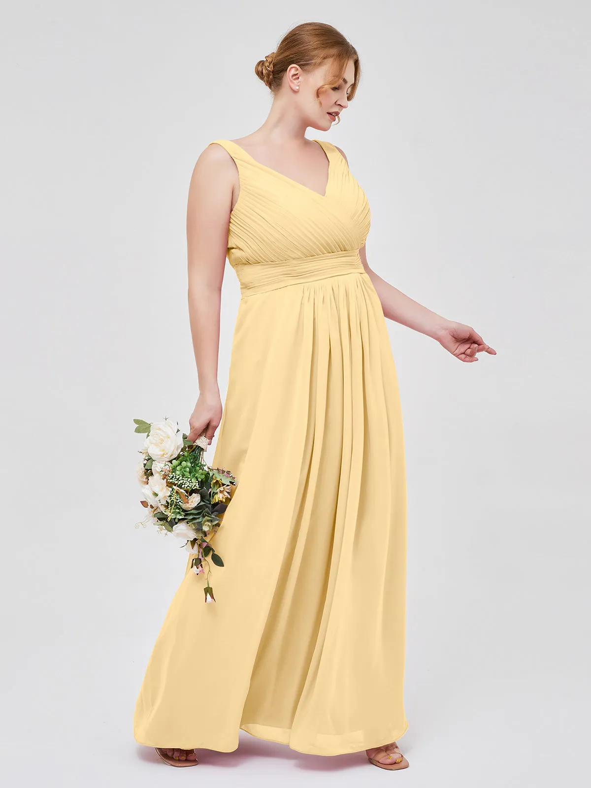 A-line Chiffon Floor Length V Neck Dresses Gold Plus Size