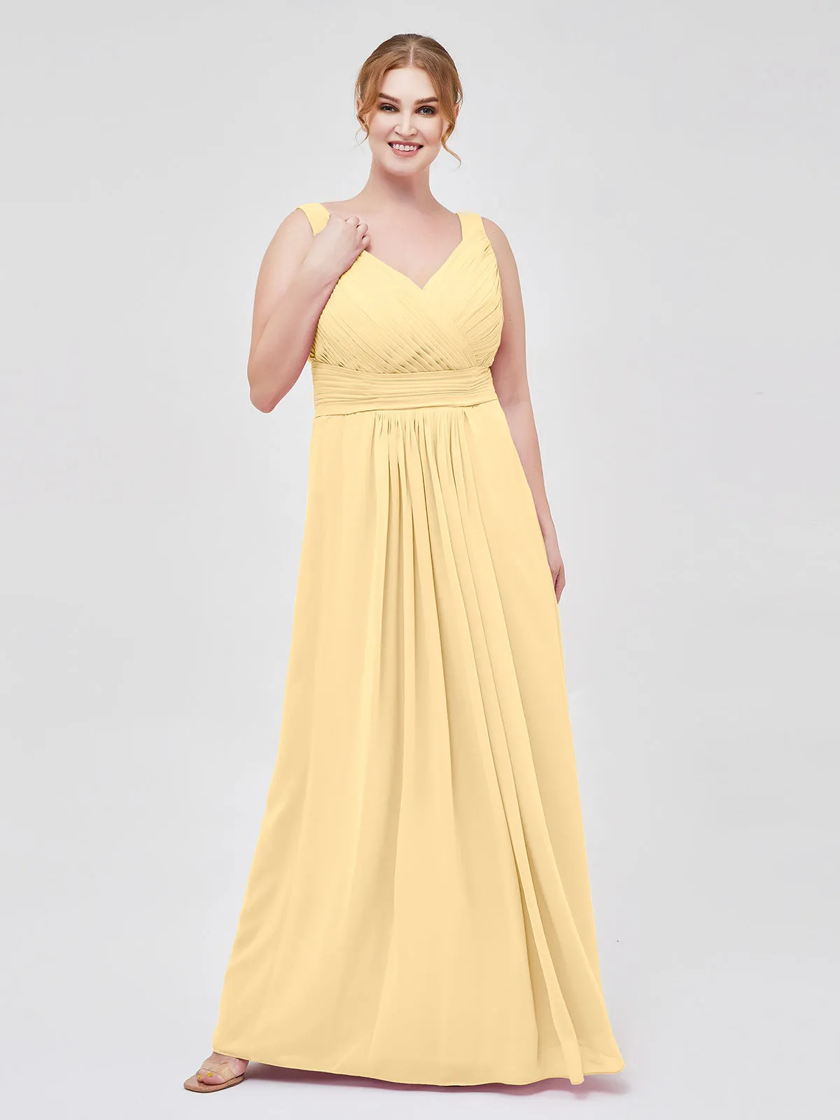 A-line Chiffon Floor Length V Neck Dresses Gold Plus Size