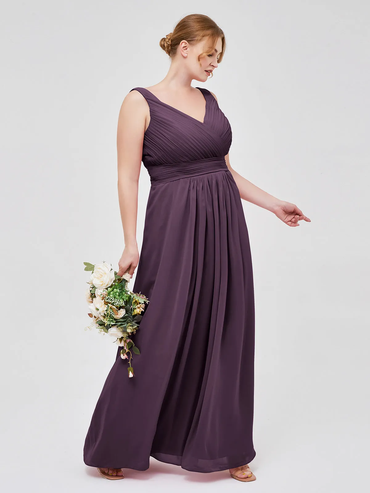 A-line Chiffon Floor Length V Neck Dresses Plum