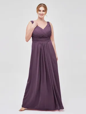 A-line Chiffon Floor Length V Neck Dresses Plum