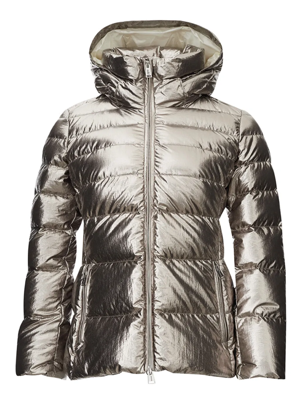 Add Elegant Silver Quilted Jacket with Detachable Hood