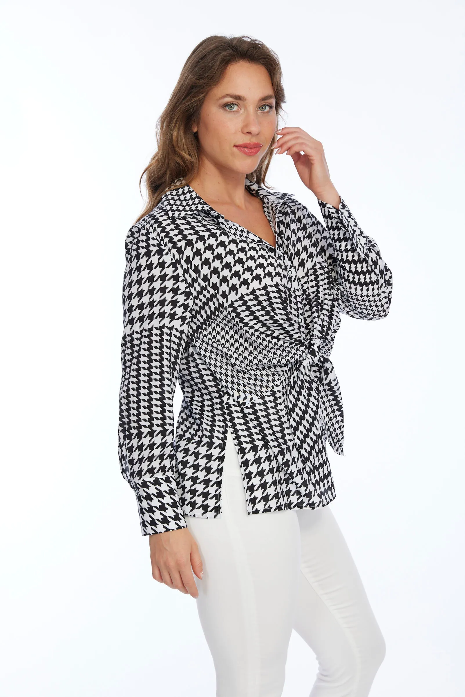 Black & White Knot Front Long Sleeve Women's Top | Hudson LIOR