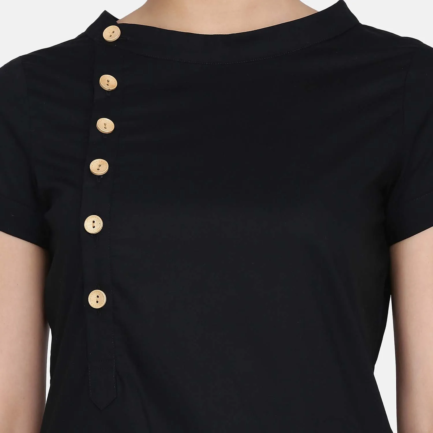 Black Cotton Stylish Work Wood Button Women's Top