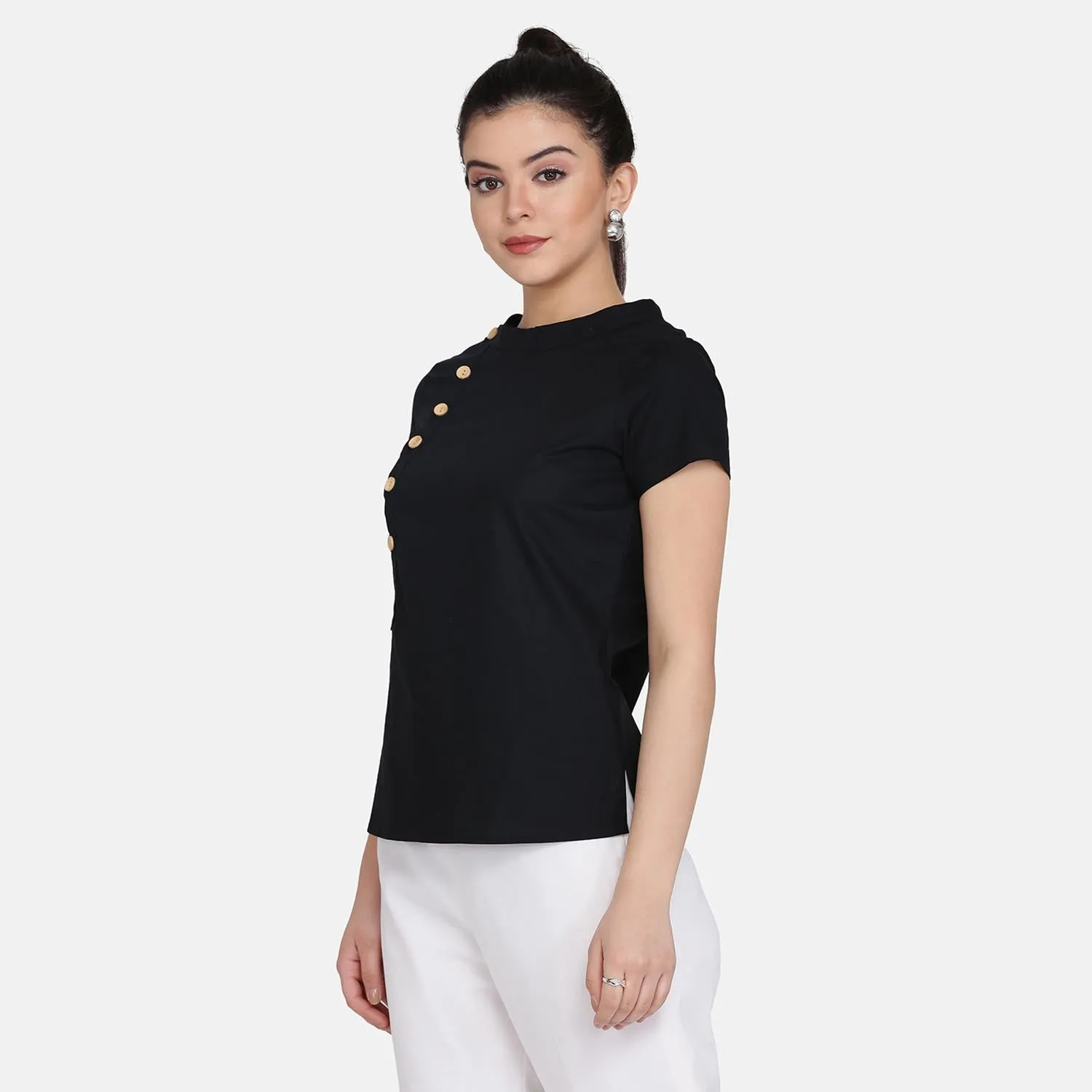 Black Cotton Stylish Work Wood Button Women's Top