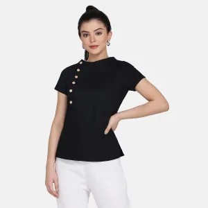 Black Cotton Stylish Work Wood Button Women's Top