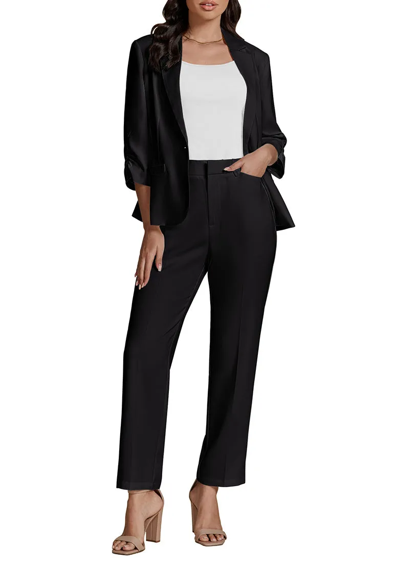 Black Two piece set of women's 3/4 sleeve business coat and pants suit