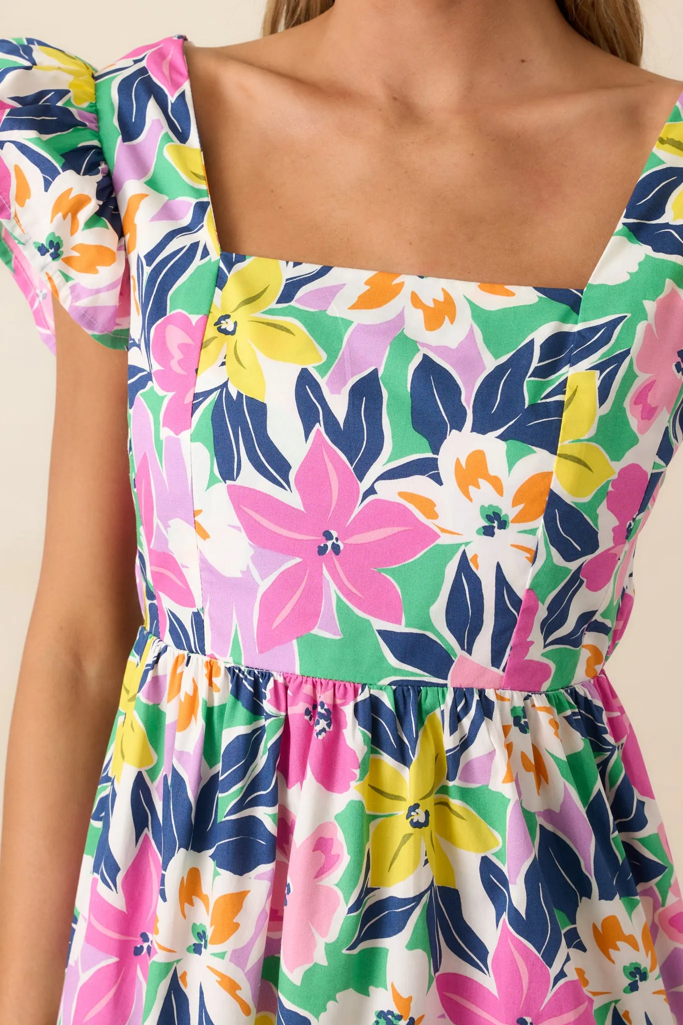 Blooming Shores Pink Tropical Floral Flutter Sleeve Maxi Dress