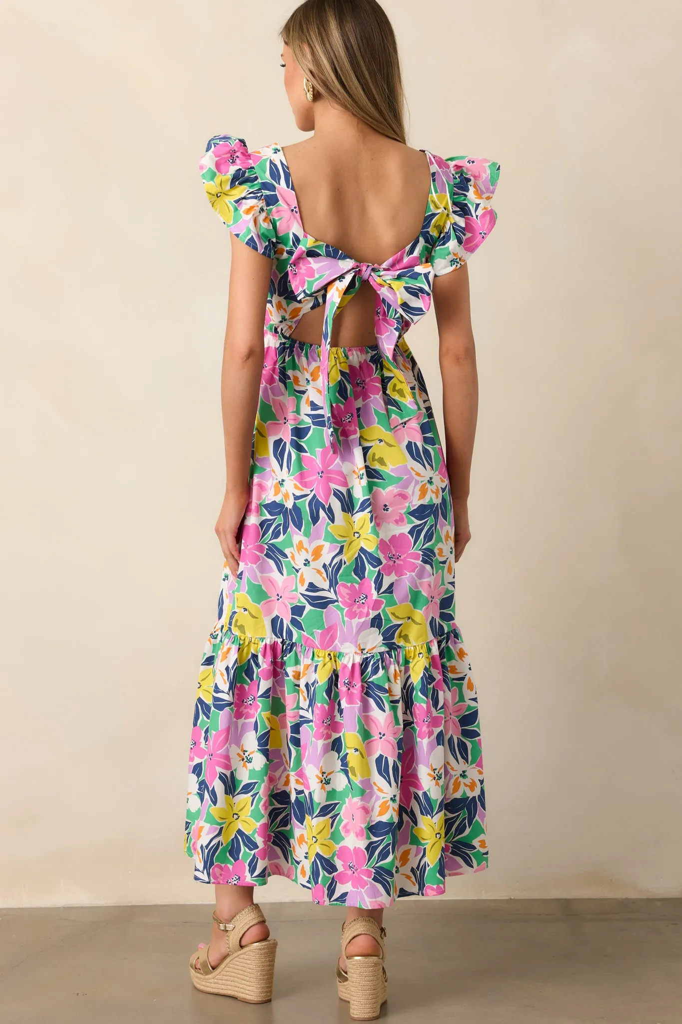 Blooming Shores Pink Tropical Floral Flutter Sleeve Maxi Dress