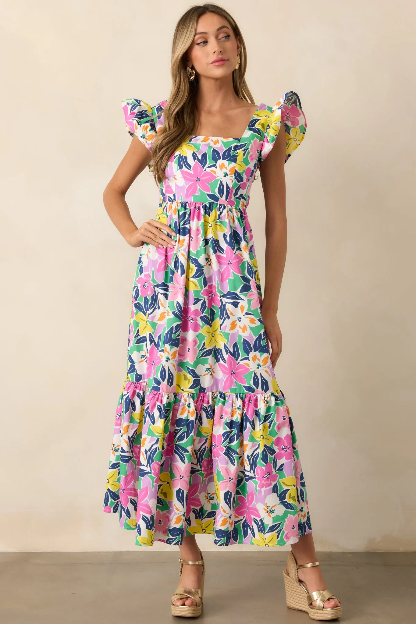 Blooming Shores Pink Tropical Floral Flutter Sleeve Maxi Dress