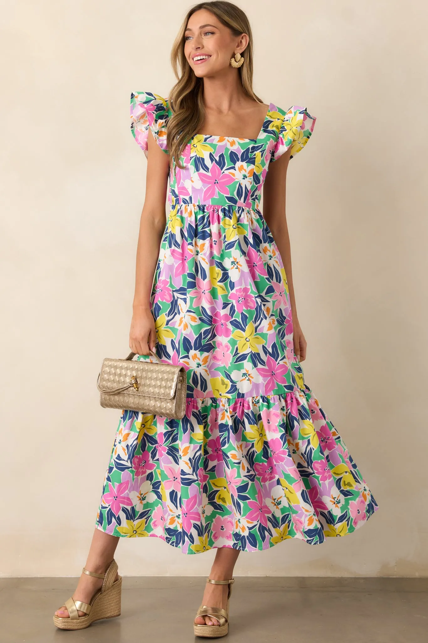 Blooming Shores Pink Tropical Floral Flutter Sleeve Maxi Dress