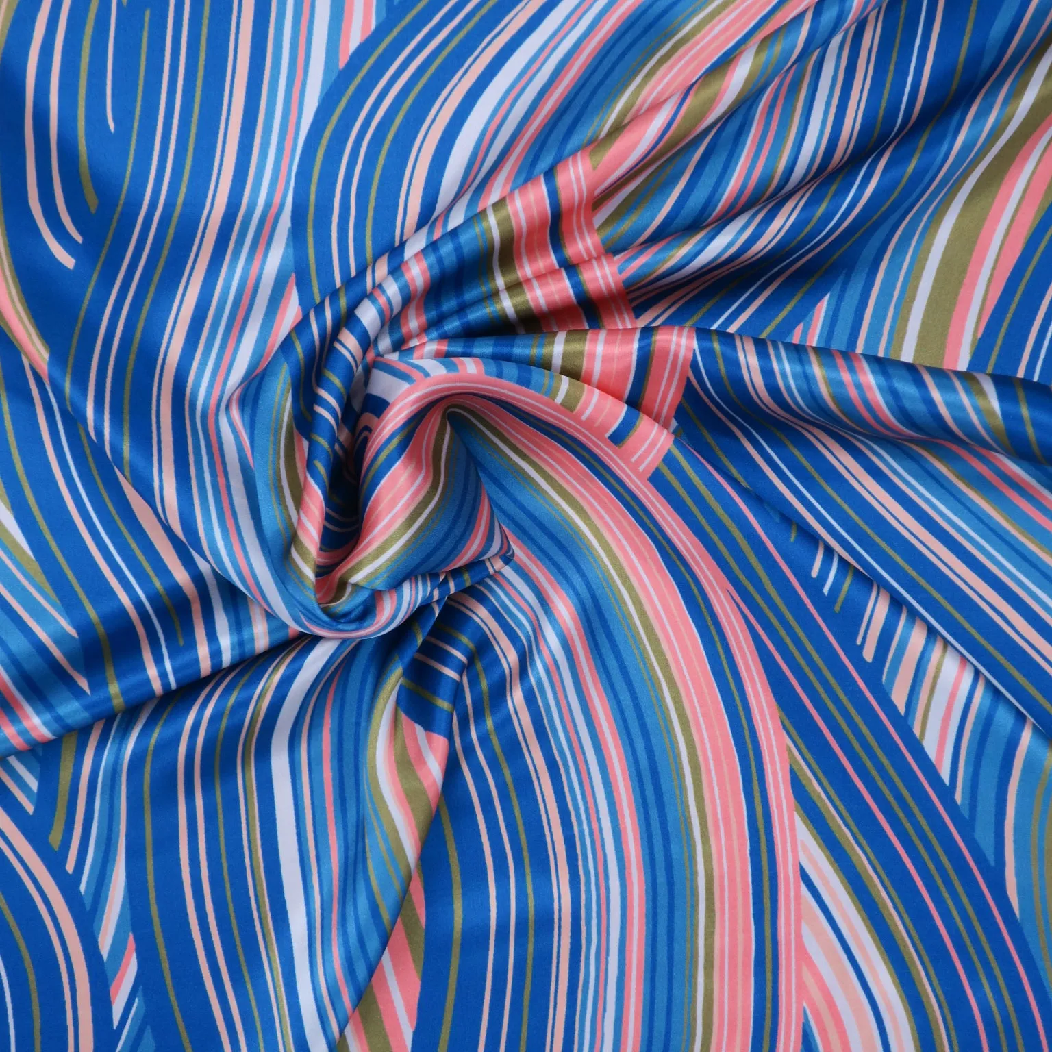 Blue and Bronze Waves Printed Silk Charmeuse Fabric