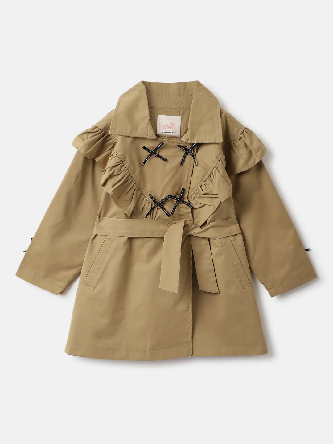 Blue Giraffe Girls Beige Solid Spread Collar Full Sleeves Double Breasted Coat