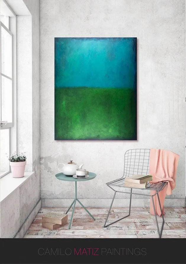 Blue wall art Acrylic painting minimalist art green abstract geometric art modern abstract art large wall art Hand Paint, Abstract Painting