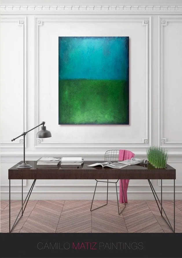 Blue wall art Acrylic painting minimalist art green abstract geometric art modern abstract art large wall art Hand Paint, Abstract Painting