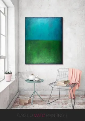 Blue wall art Acrylic painting minimalist art green abstract geometric art modern abstract art large wall art Hand Paint, Abstract Painting