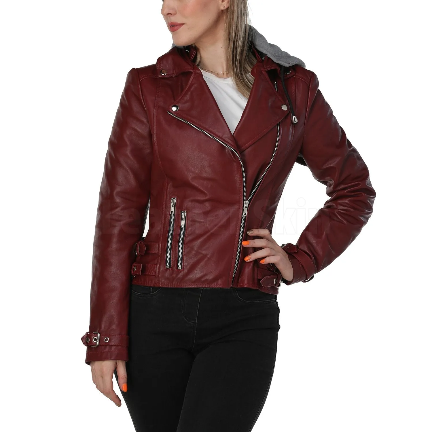 Burgundy Leather Jacket with Gray Hood