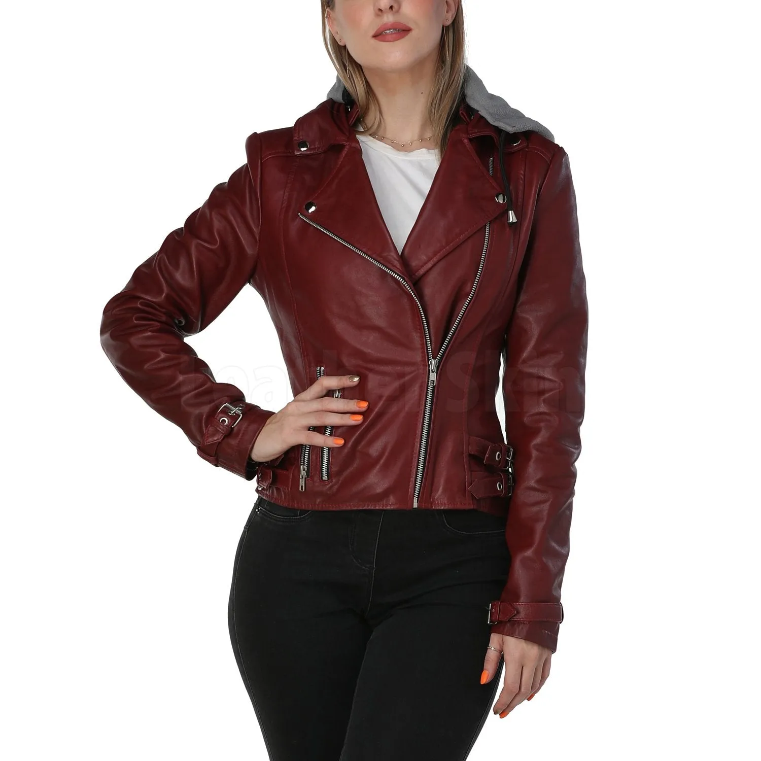 Burgundy Leather Jacket with Gray Hood