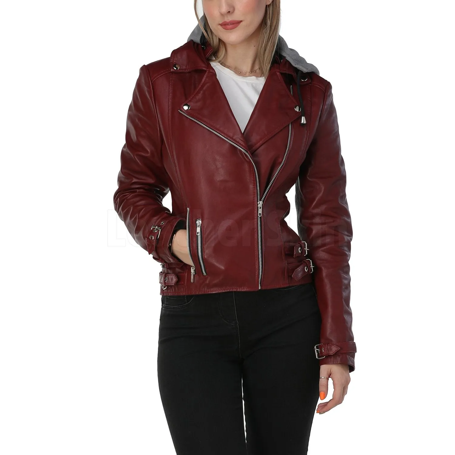 Burgundy Leather Jacket with Gray Hood