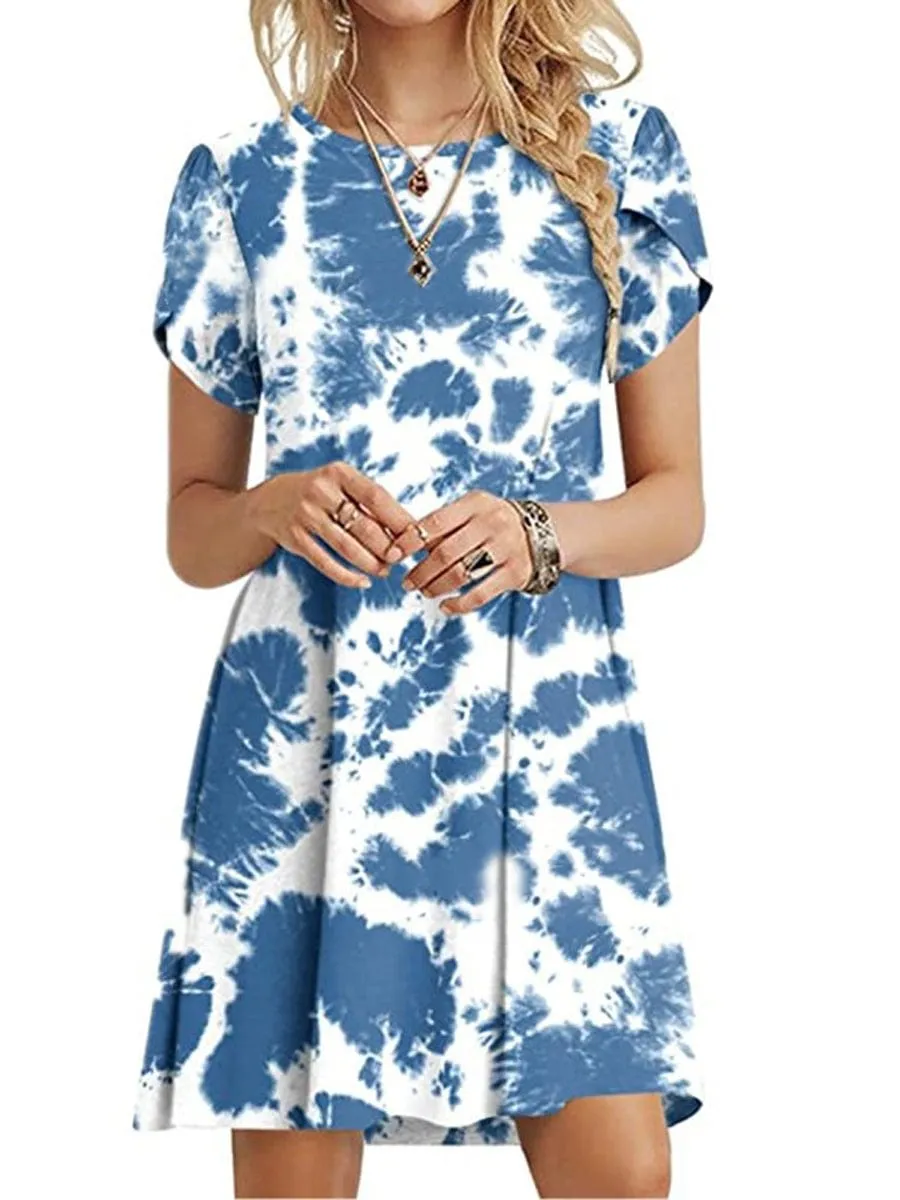 Casual Ruffle Short Sleeve Cute Crew Neck Flowy Mini Dress