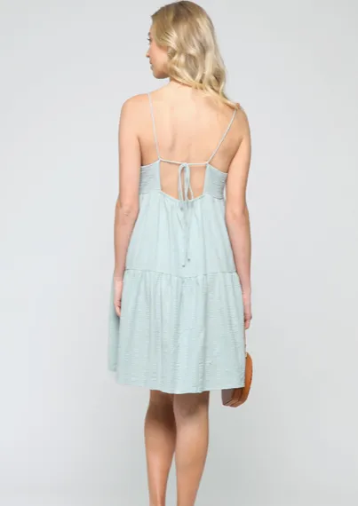 Catalina Pastel Blue Flowy Spaghetti Strap Dress w/Adjustable Back Tie & Pockets