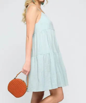 Catalina Pastel Blue Flowy Spaghetti Strap Dress w/Adjustable Back Tie & Pockets