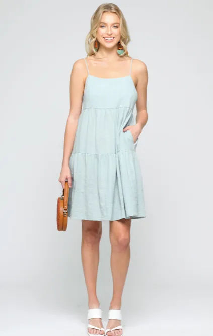 Catalina Pastel Blue Flowy Spaghetti Strap Dress w/Adjustable Back Tie & Pockets