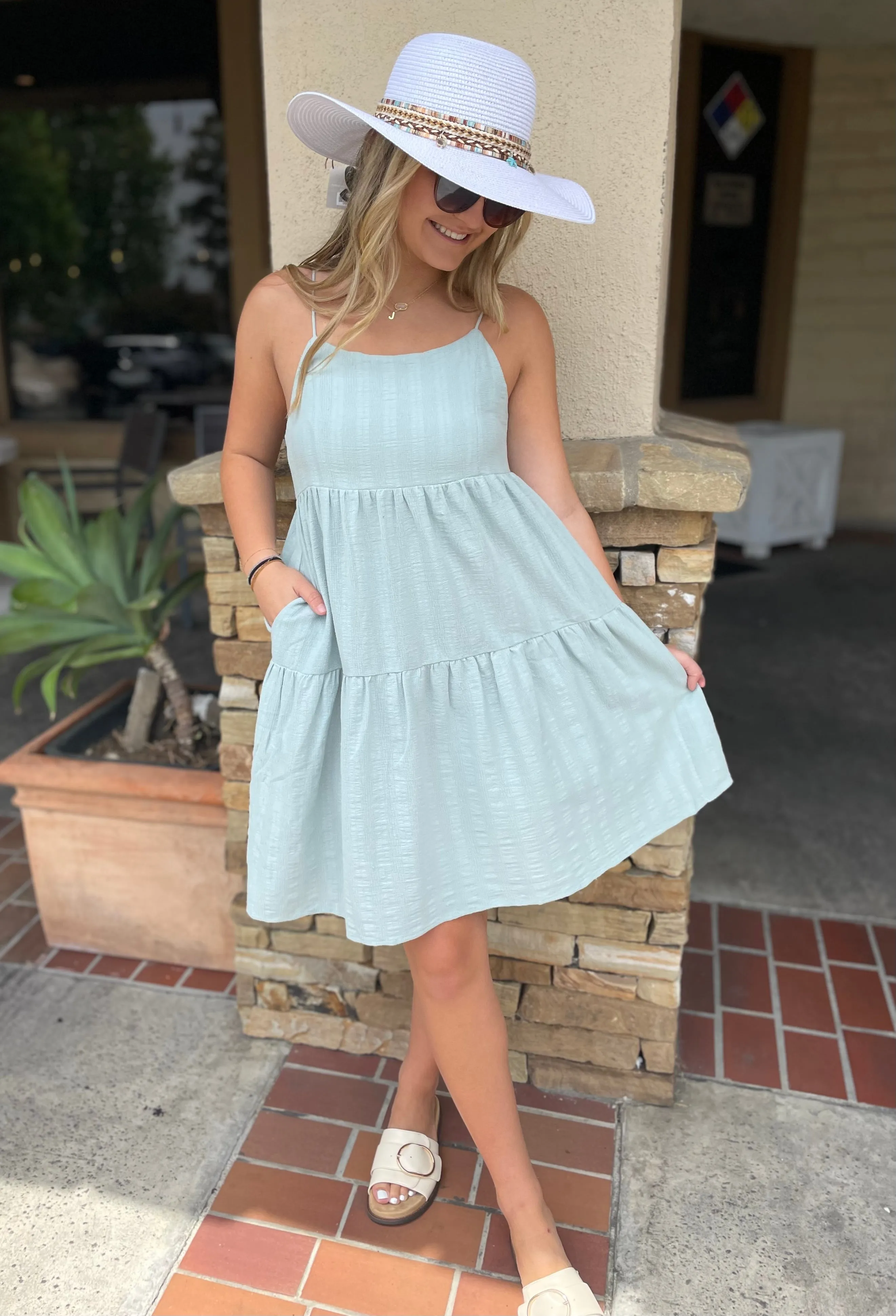 Catalina Pastel Blue Flowy Spaghetti Strap Dress w/Adjustable Back Tie & Pockets