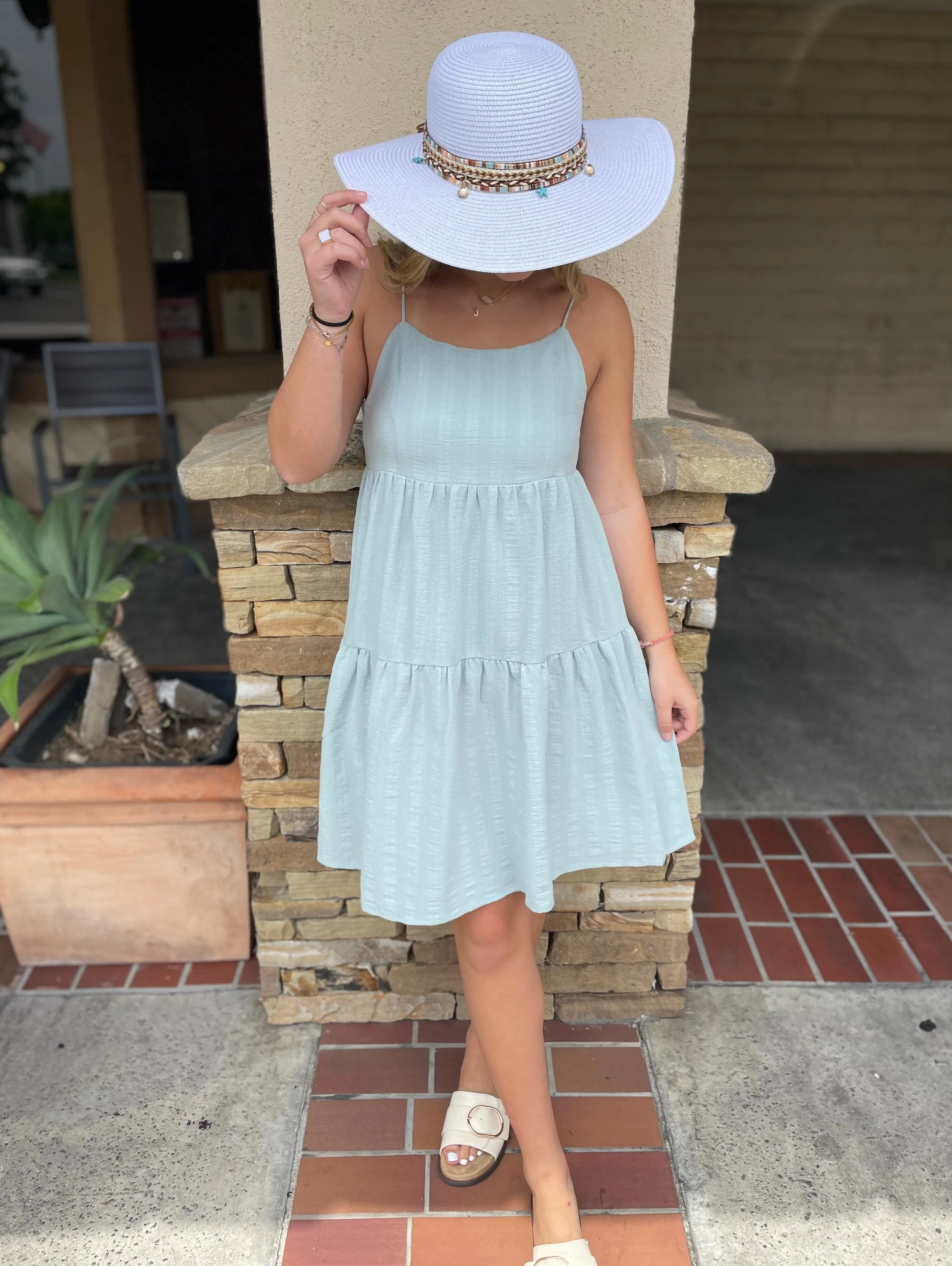 Catalina Pastel Blue Flowy Spaghetti Strap Dress w/Adjustable Back Tie & Pockets