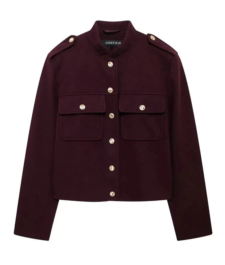 Chic Burgundy Lapel Harrington Jacket bomber jacket autumn coat