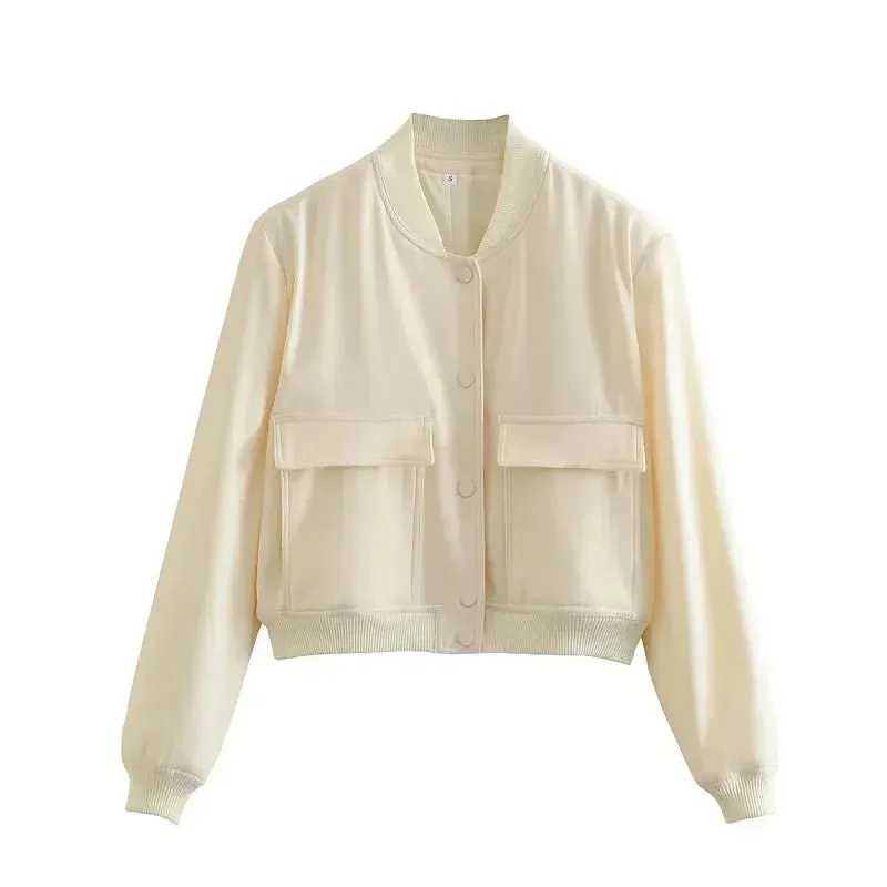 Chic Cropped Bomber Jacket cotton autumn Coat Button Baseball Aviator Cropped Jacket