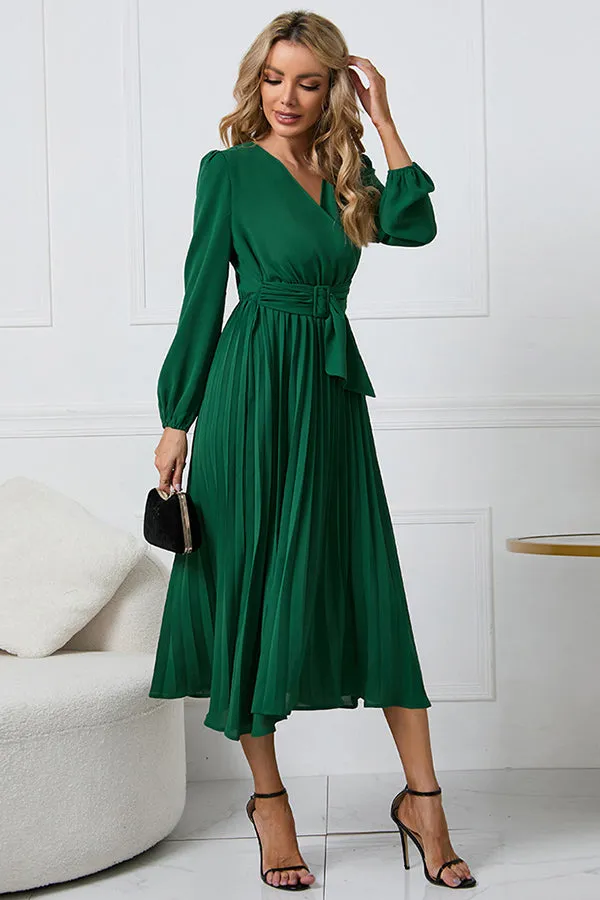 Cristina Flowy Belt Wrap Pleated Midi Dress