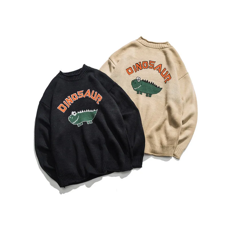 Cute Dinosaur Embroidery Men Thick Oversize Sweater