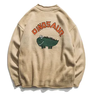 Cute Dinosaur Embroidery Men Thick Oversize Sweater