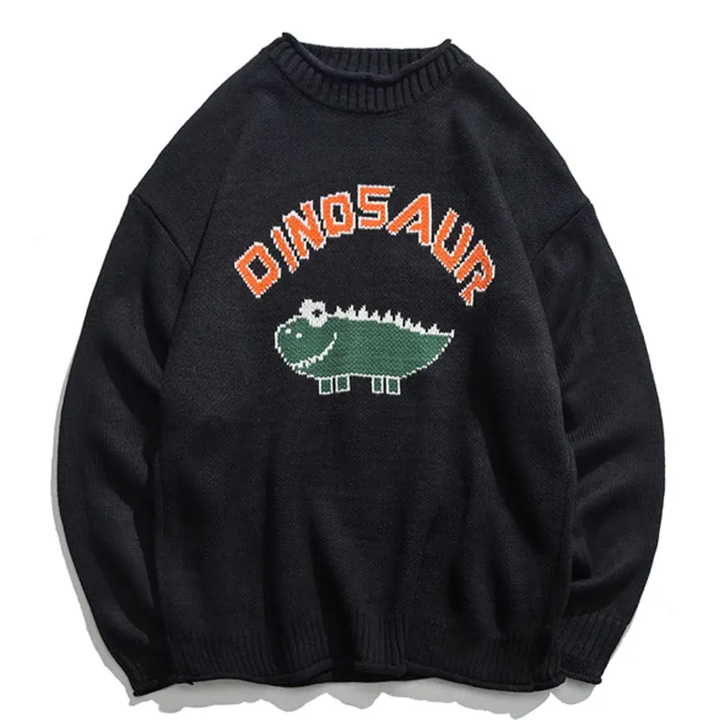 Cute Dinosaur Embroidery Men Thick Oversize Sweater