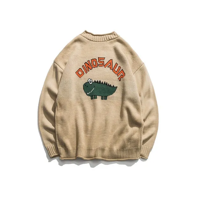 Cute Dinosaur Embroidery Men Thick Oversize Sweater