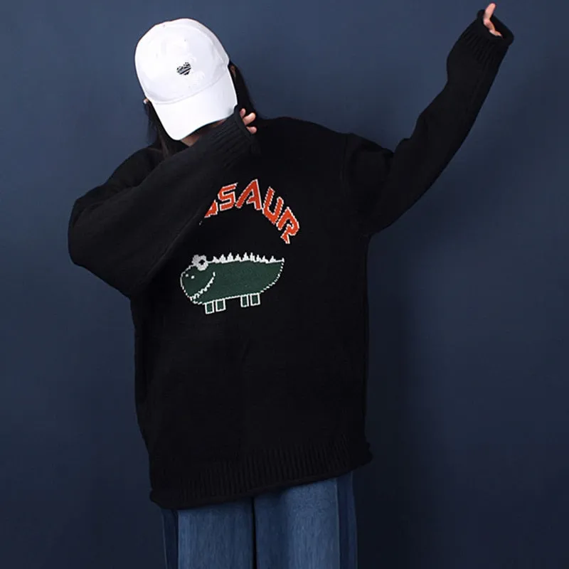 Cute Dinosaur Embroidery Men Thick Oversize Sweater