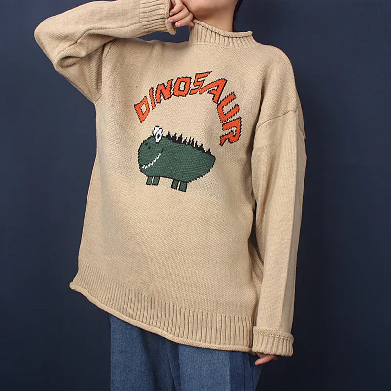 Cute Dinosaur Embroidery Men Thick Oversize Sweater