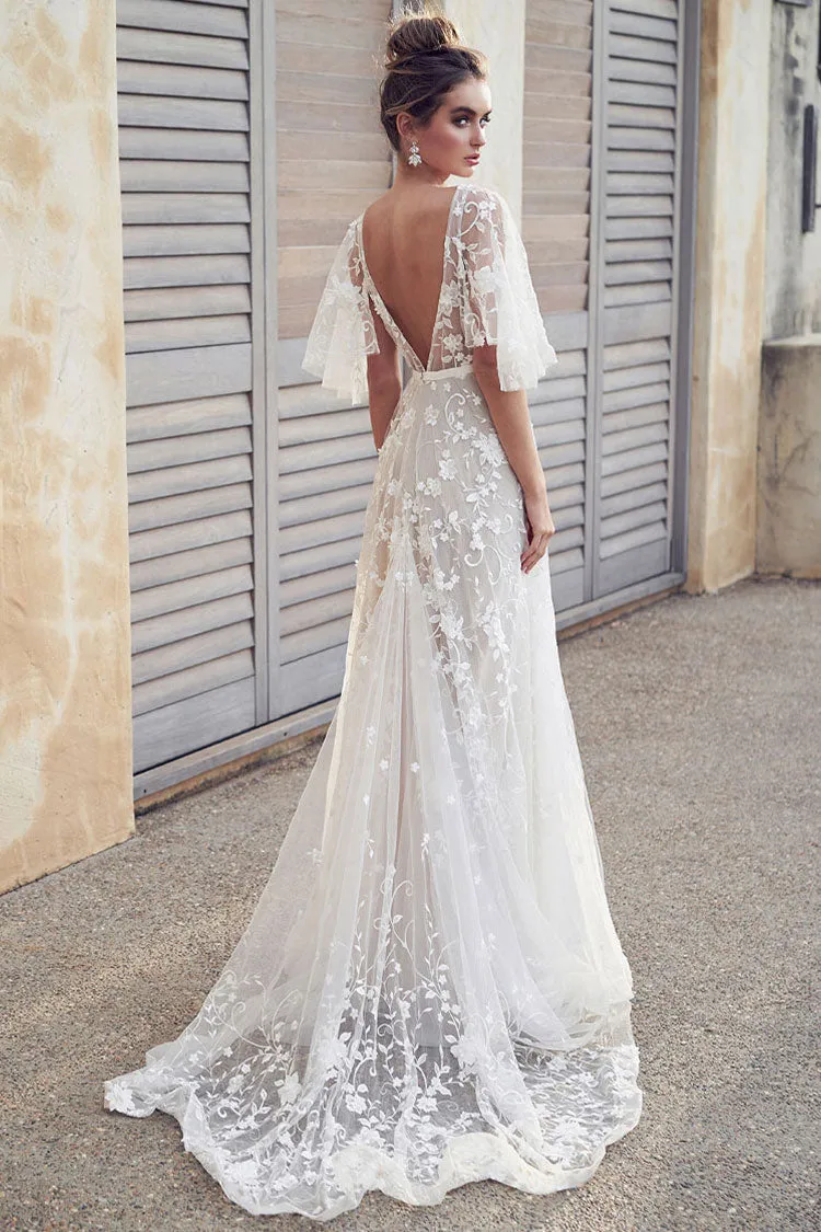 Dreamy Backless Flutter Sleeve Floral Embroidered Wedding Dress - White