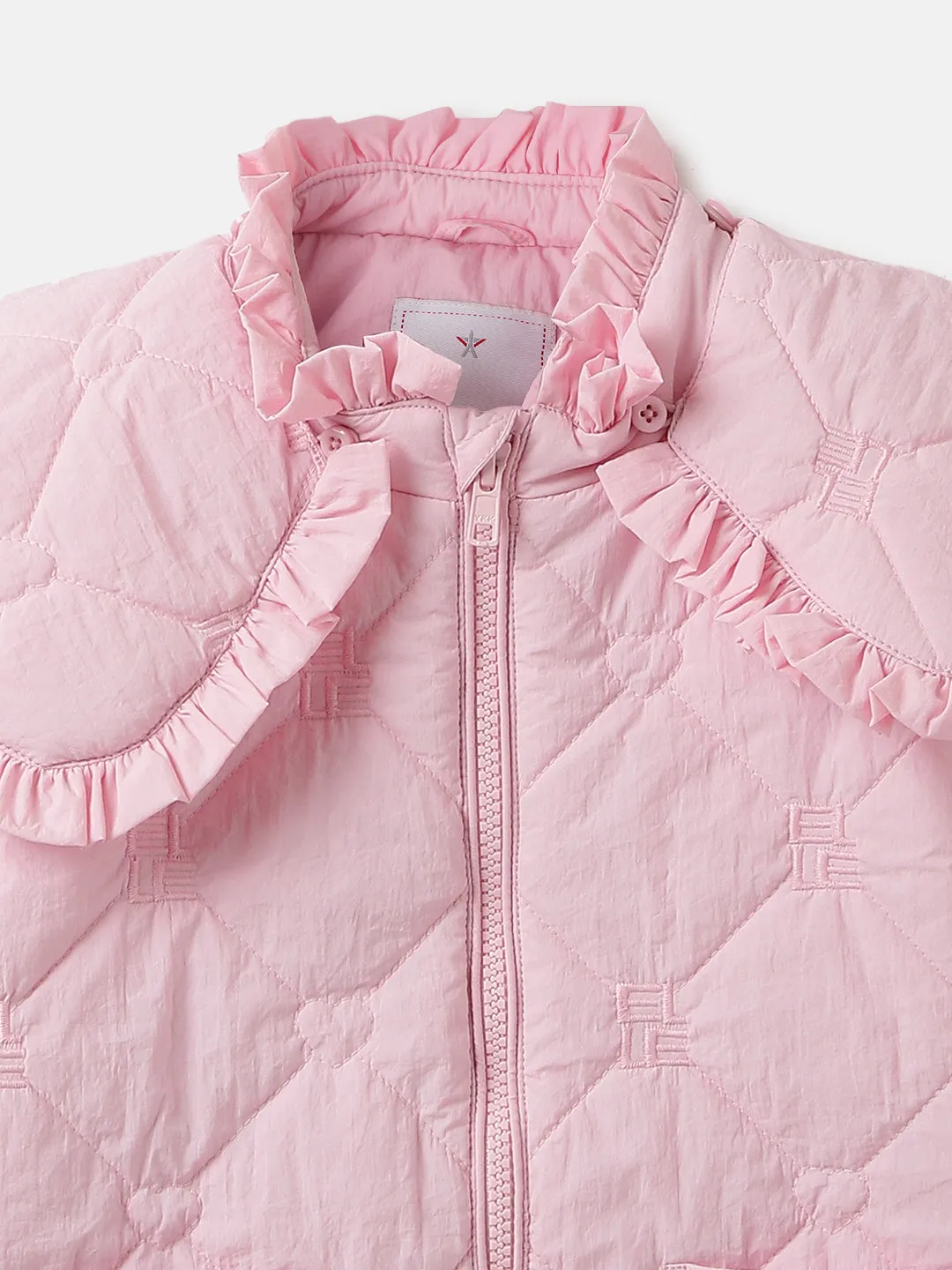 Elle Girls Pink Solid High Neck Full Sleeves Quilted Jacket