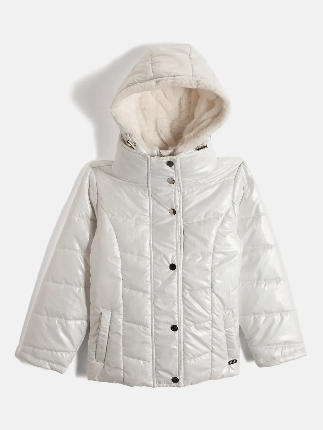 Elle Girls White Solid Hooded Full Sleeves Puffer Jacket