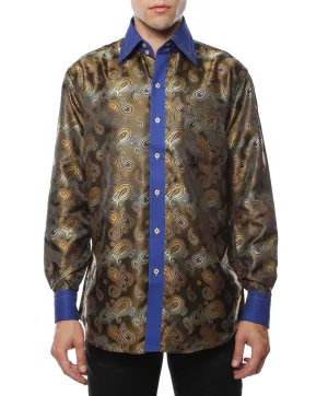 Ferrecci Men's Satine Hi-1019 Blue & Gold Tone Paisley Button Down Dress Shirt