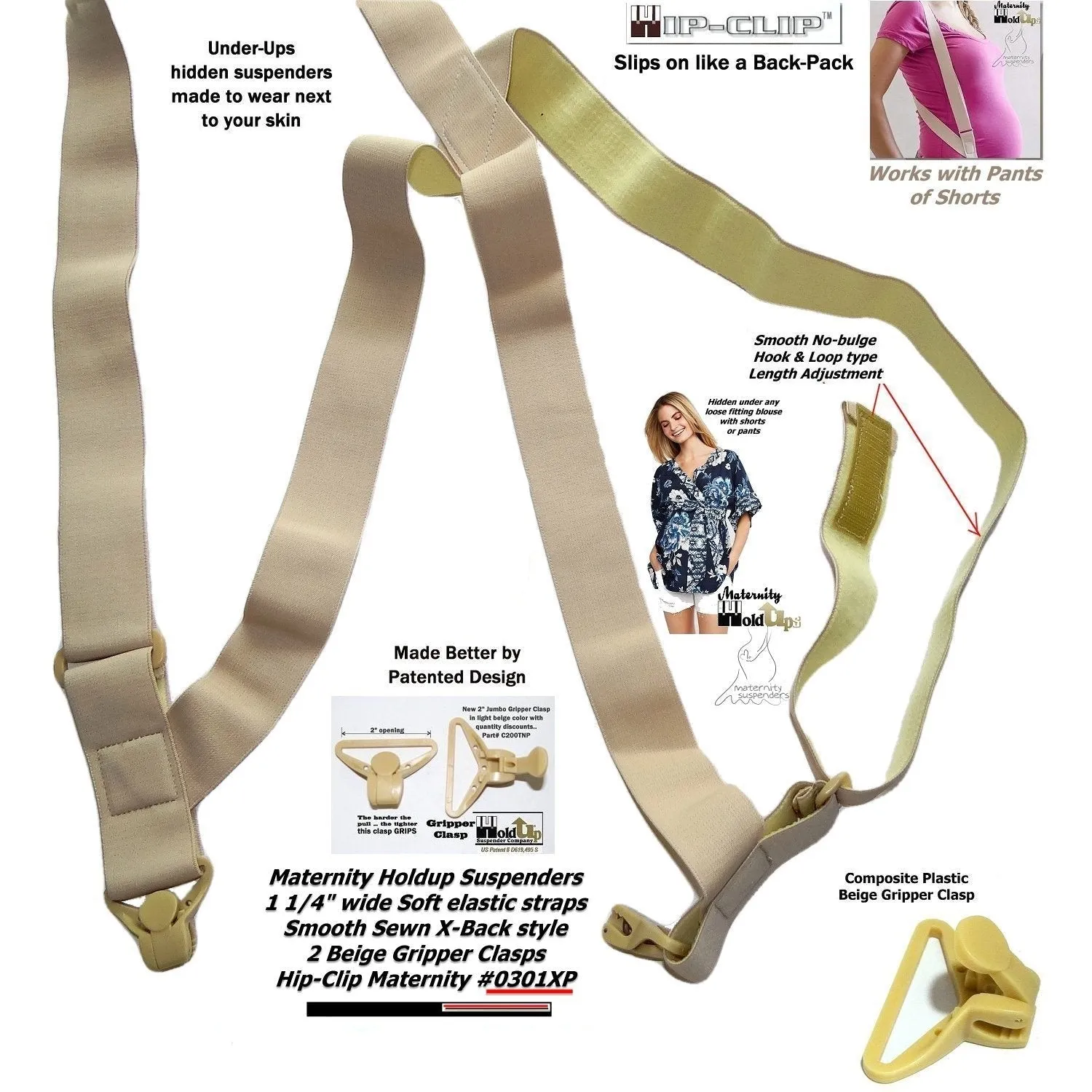 HoldUp Brand Maternity Suspenders with beige Super Strong USA Patented Gripper clasps