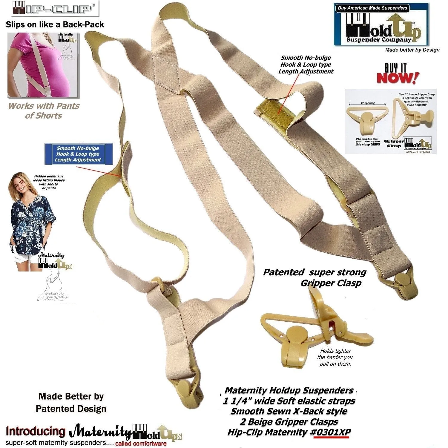 HoldUp Brand Maternity Suspenders with beige Super Strong USA Patented Gripper clasps