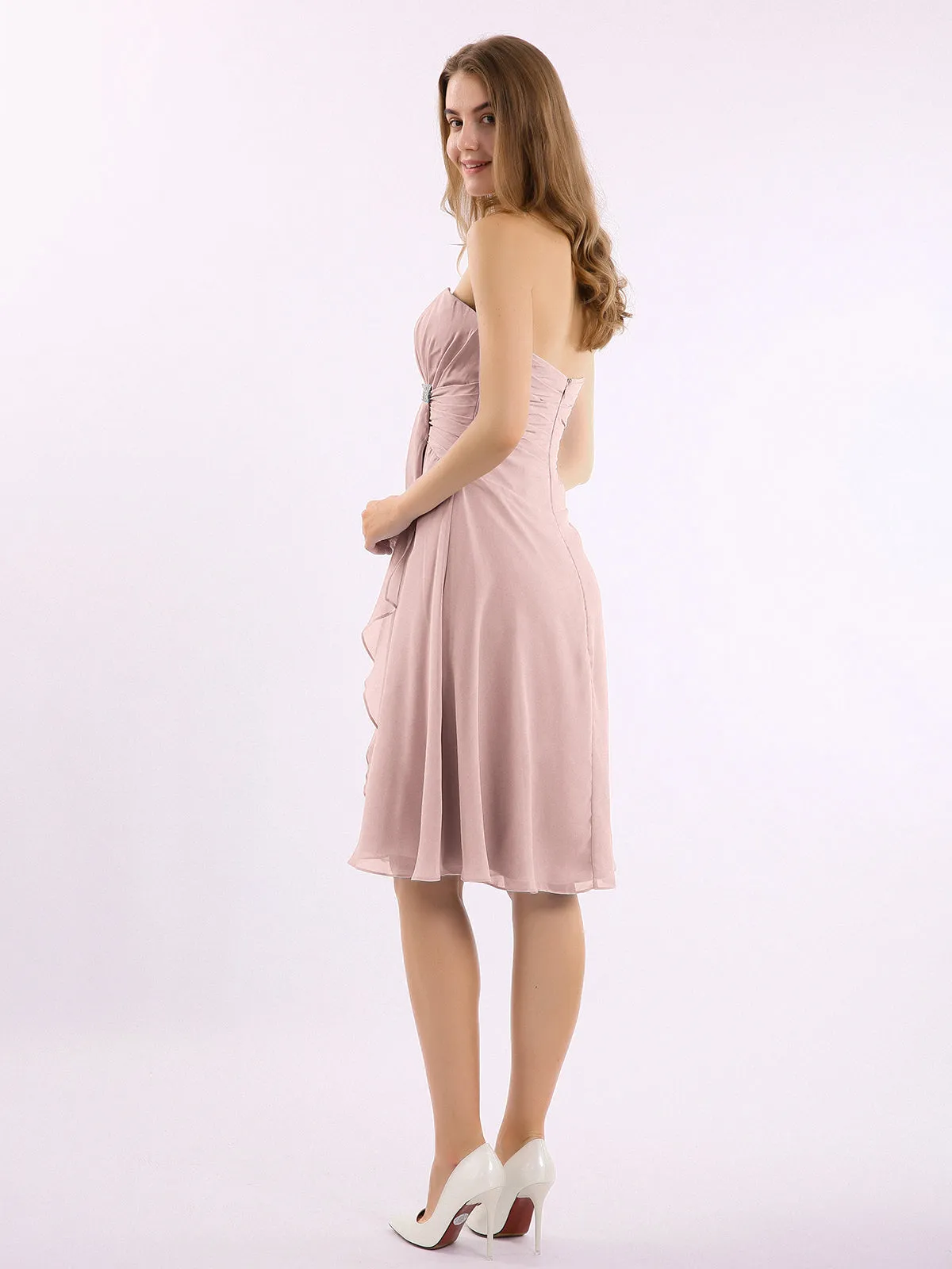 Knee Length Chiffon Dress with Sweetheart Neck-Dusty Rose