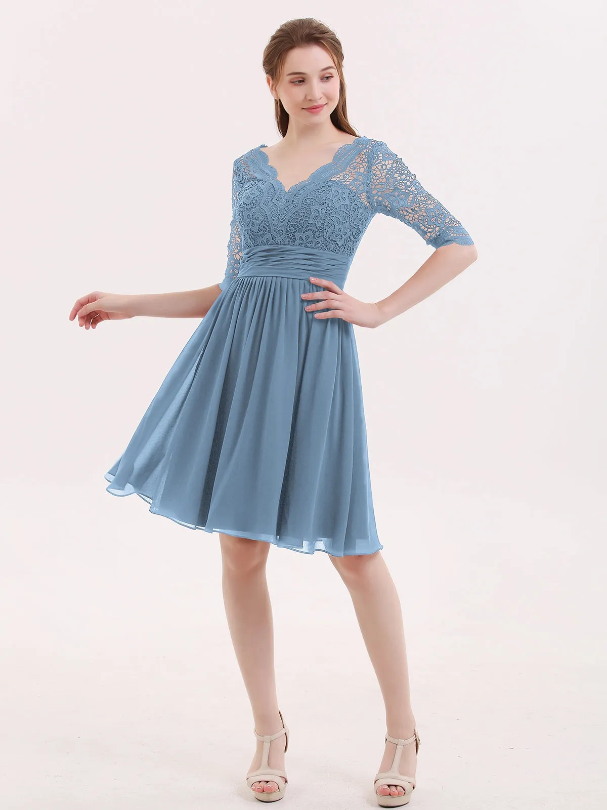 Lace and Chiffon Short Dress with Half Sleeves Slate Blue