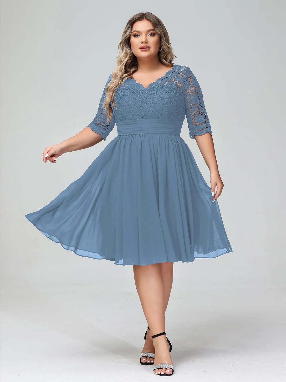 Lace and Chiffon Short Dress with Half Sleeves Slate Blue