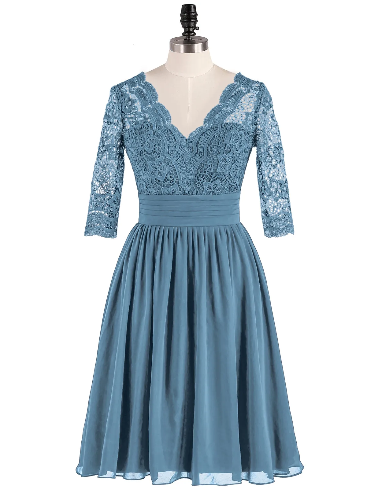 Lace and Chiffon Short Dress with Half Sleeves Slate Blue