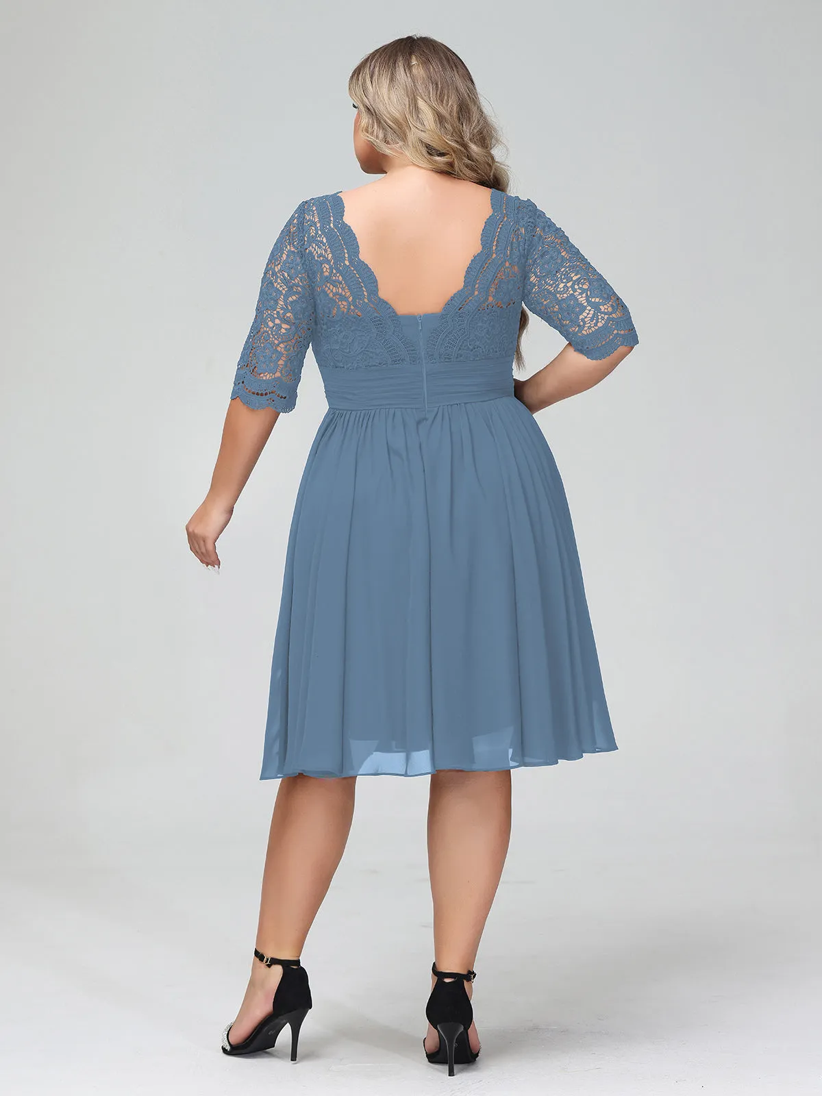 Lace and Chiffon Short Dress with Half Sleeves Slate Blue