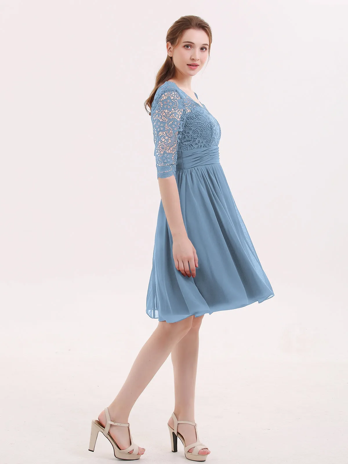 Lace and Chiffon Short Dress with Half Sleeves Slate Blue