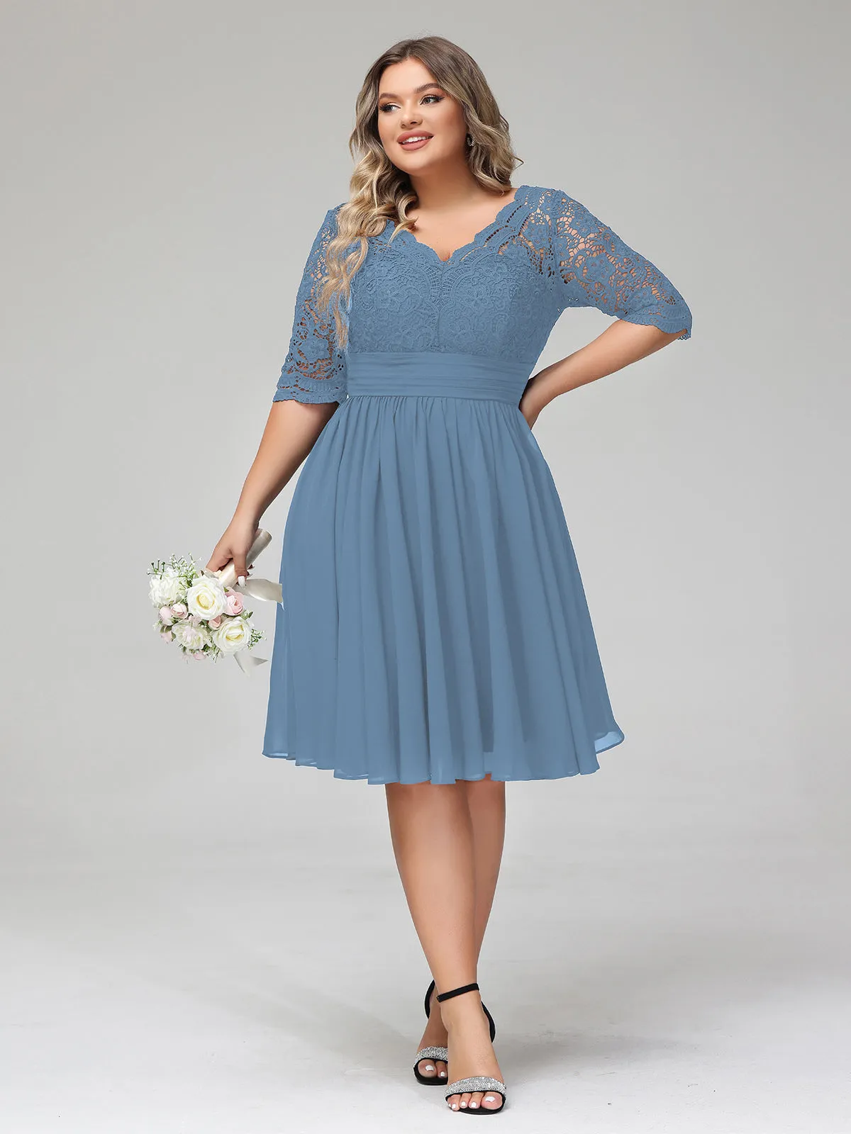 Lace and Chiffon Short Dress with Half Sleeves Slate Blue